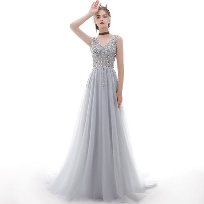 Gray v neck tulle beads long prom dress  8181