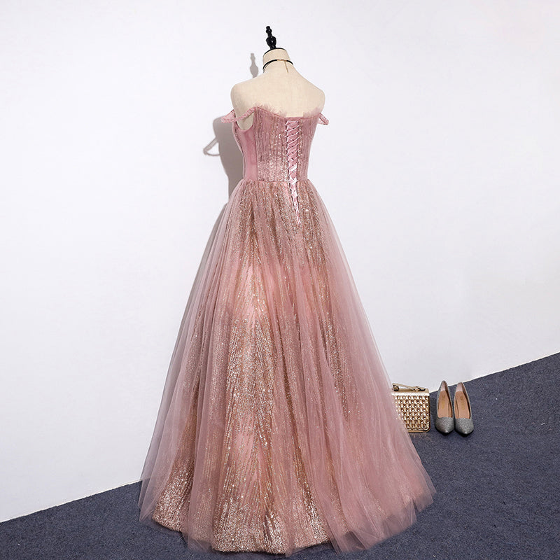 Sparkling pink tulle sequins long prom dress, evening dress  8104