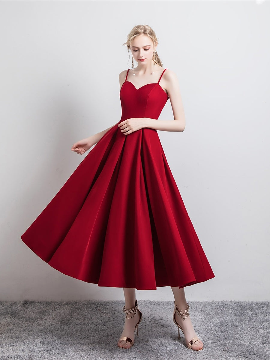 Simple satin short prom dress burgundy evening dress  8346
