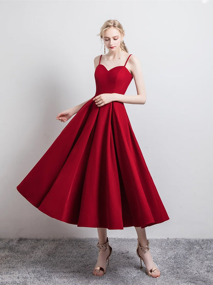 Simple satin short prom dress burgundy evening dress  8346