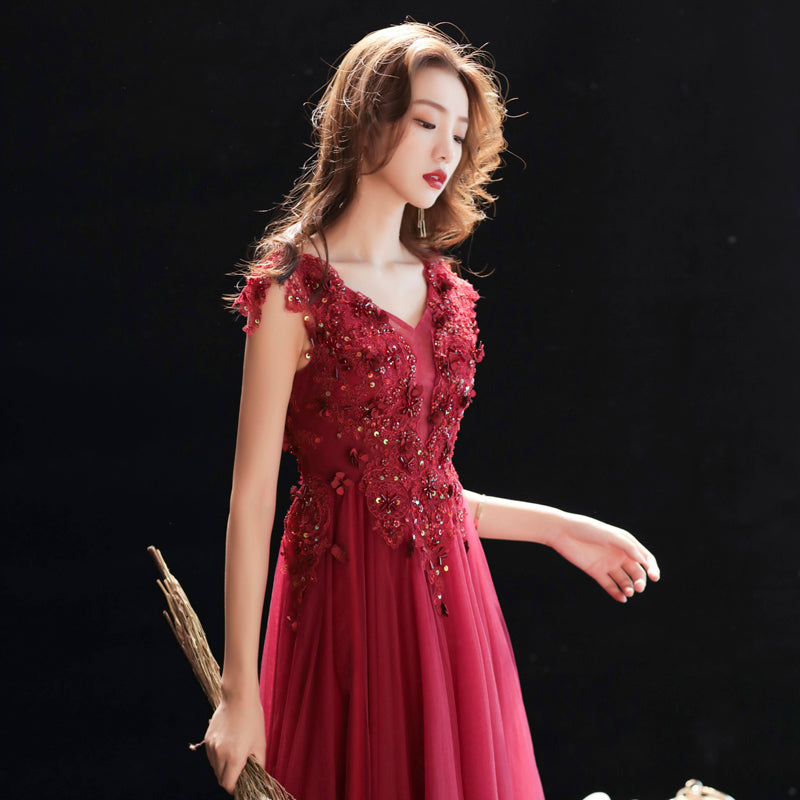 Burgundy v neck lace sequins long prom dress, evening dress  7968