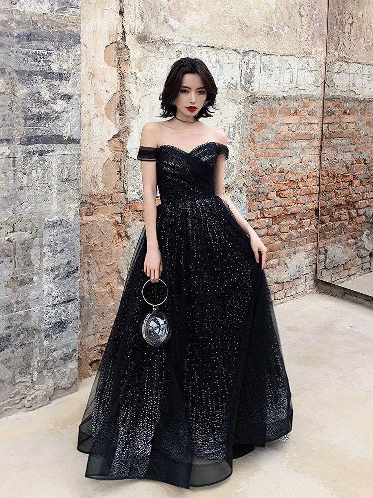 Black tulle sequins long prom dress, off shoulder evening dress  8080