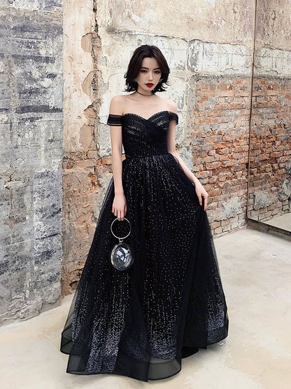 Black tulle sequins long prom dress, off shoulder evening dress  8080