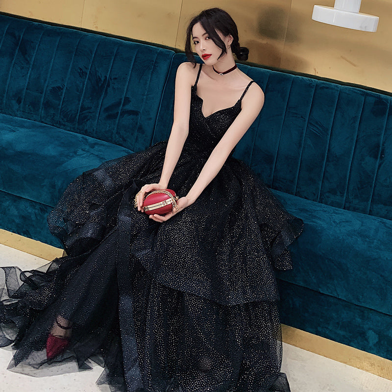Black tulle sequins prom dress evening dress  8277