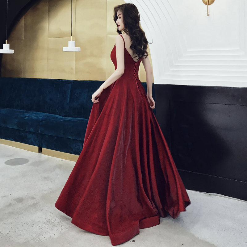 Simple v neck long A line prom dress, burgundy evening dress  8108