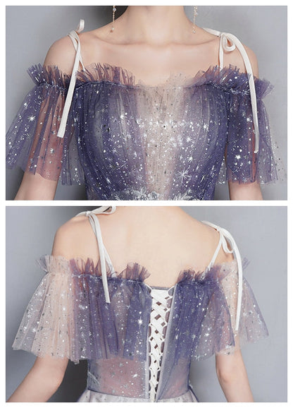 Blue tulle sequins short prom dress party dress  8354