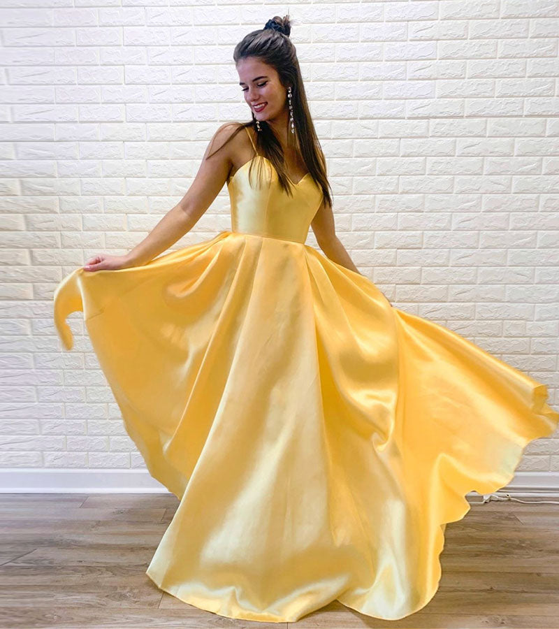 Yellow satin long prom dress evening dress  8187