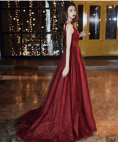 Burgundy tulle long prom dress party dress 8254