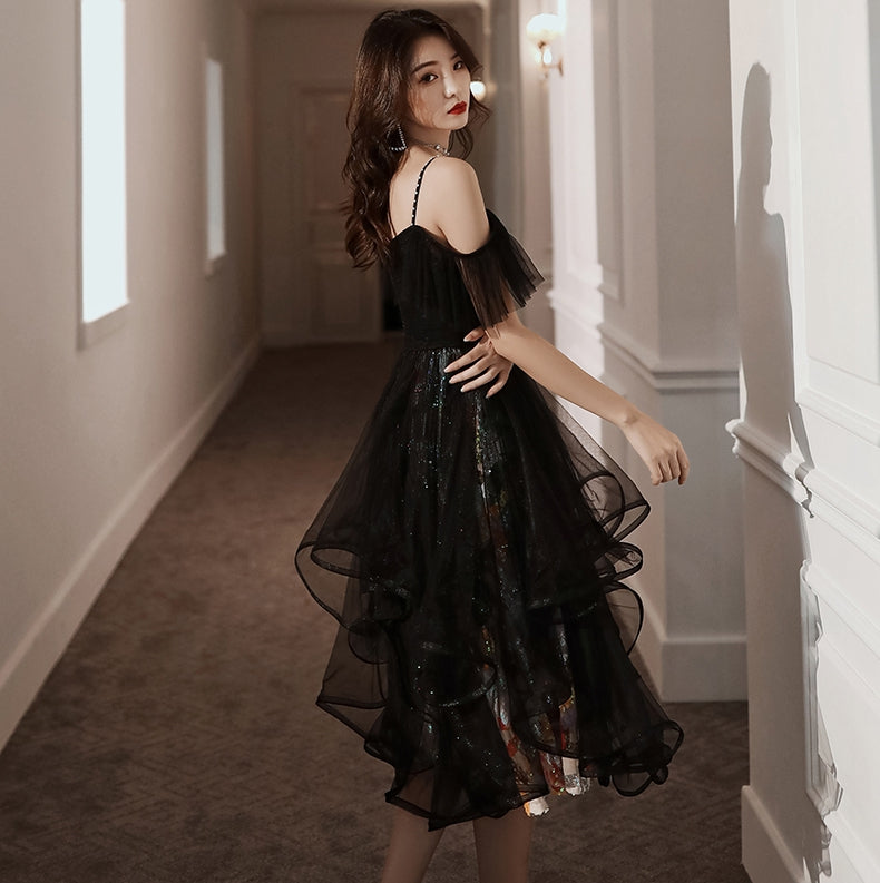 Unique design black tulle short prom dress  8358