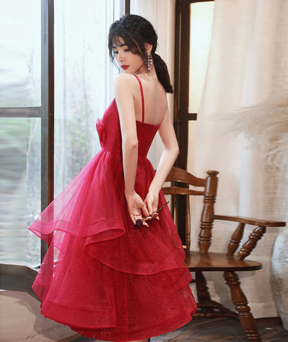Burgundy v neck tulle sequins prom dress homecoming dress  8408