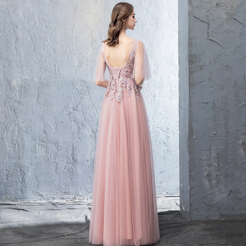 Pink tulle lace long prom dress evening dress  8255