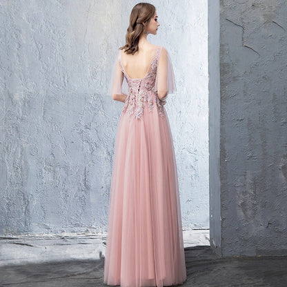 Pink tulle lace long prom dress evening dress  8255