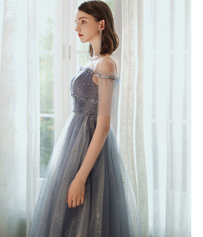 A line tulle sequins long prom dress  8341