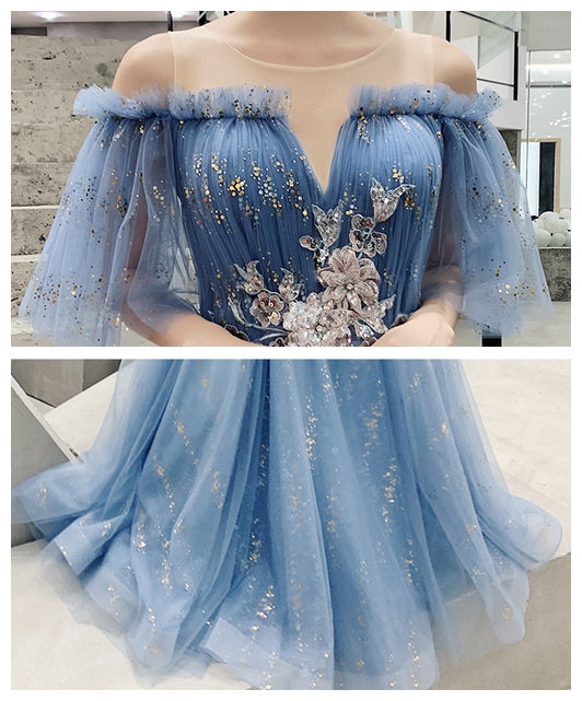 Blue tulle sequins long prom dress evening dress  8322