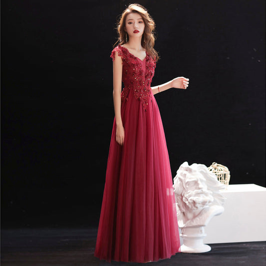Burgundy v neck lace sequins long prom dress, evening dress  7968