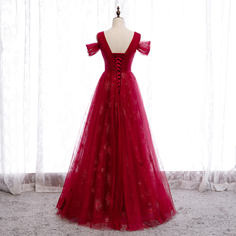 Burgundy tulle beads long prom dress  8260