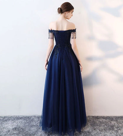 Blue tulle beads long prom dress, blue evening dress  8152