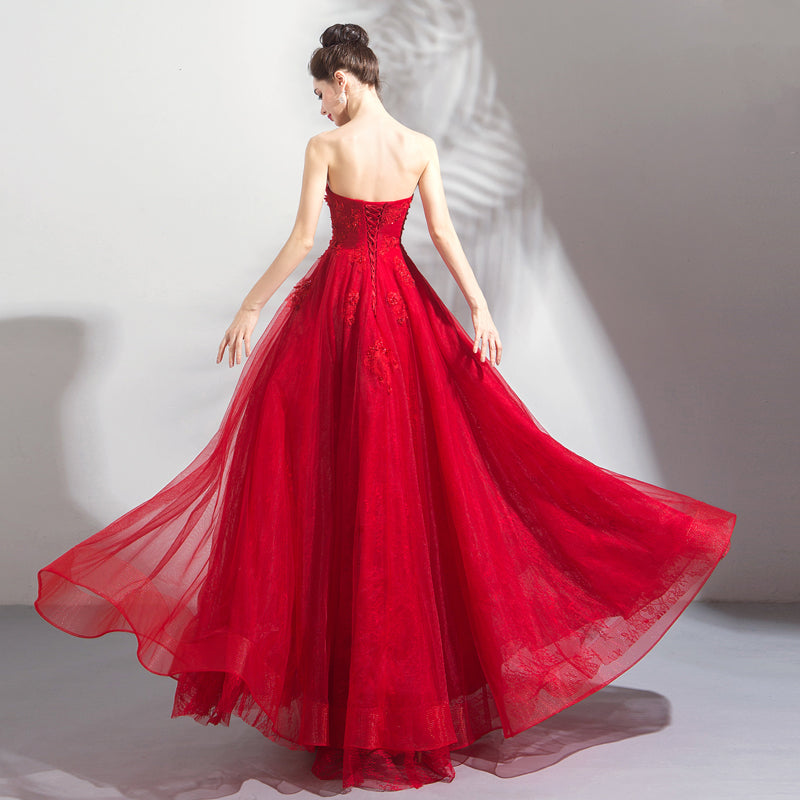 Red tulle long prom dress red evening dress  8297