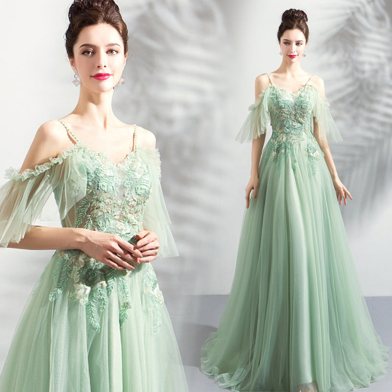 Green tulle lace long prom dress, evening dress  8043
