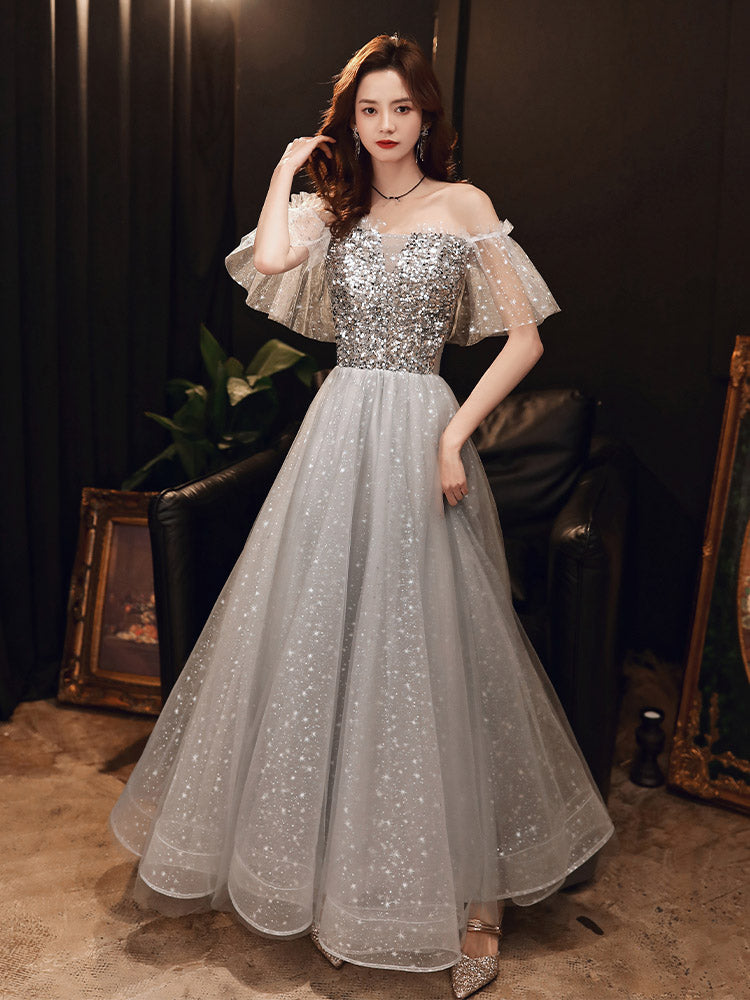 Gray sequins short prom dress evening dress  8359