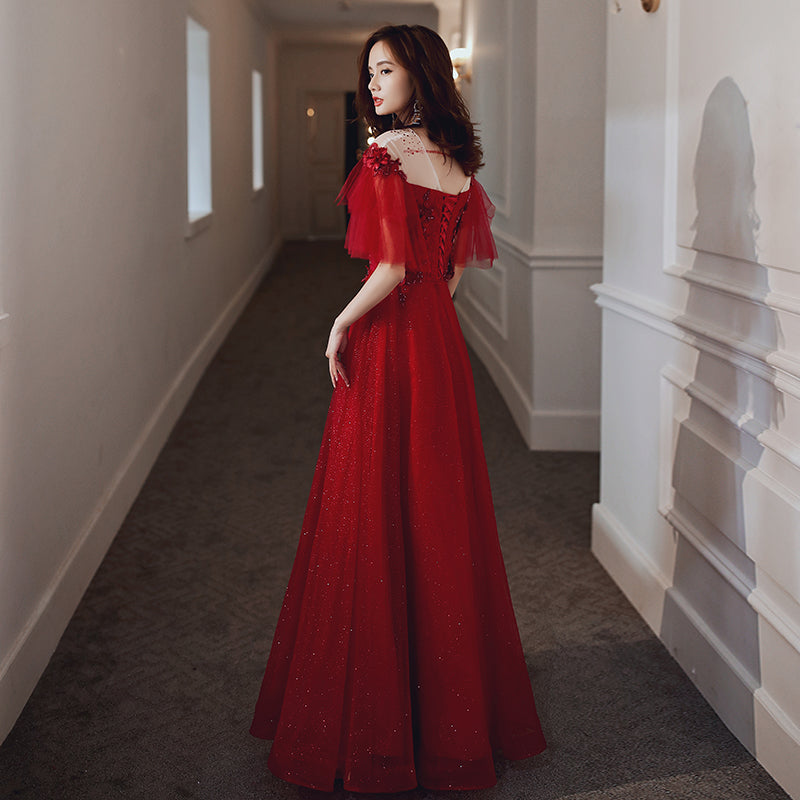 Red tulle lace long prom dress red evening dress  8231