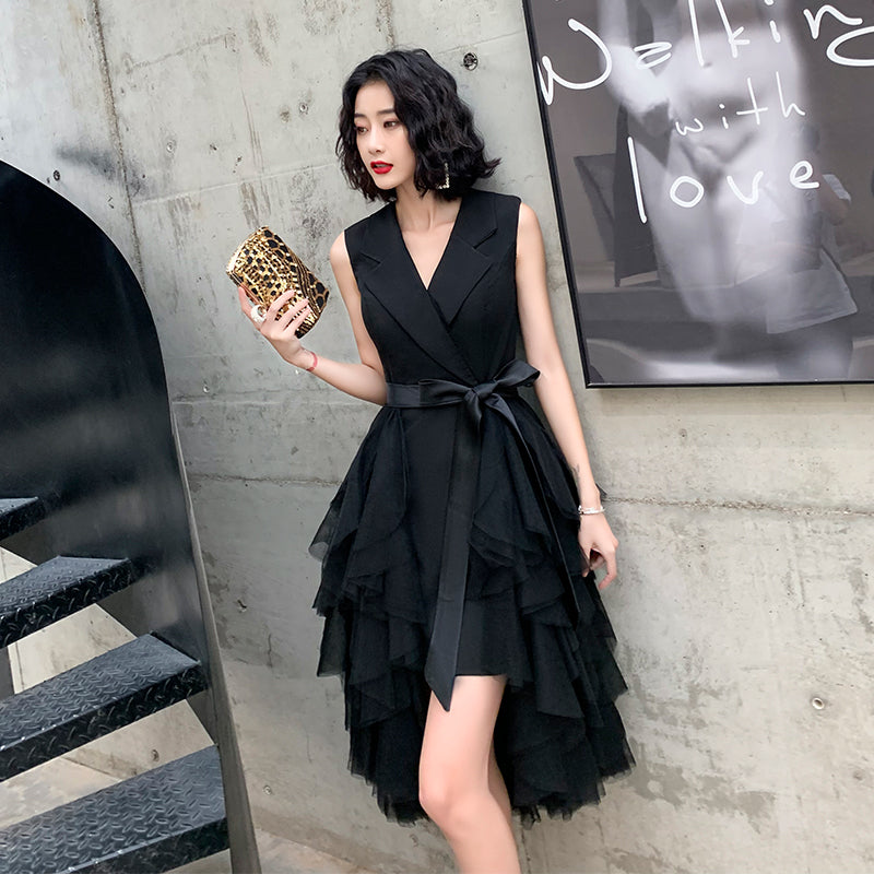 Black v neck short prom dress, evening dress  8022