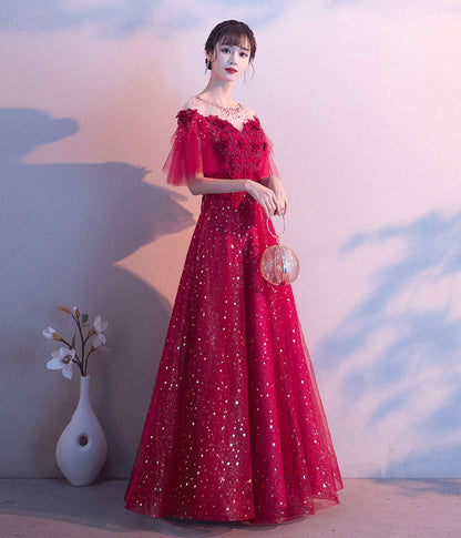 Burgundy tulle sequins prom dress evening dress  8339