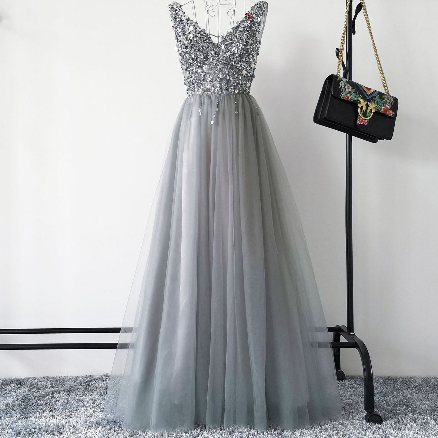 Gray v neck tulle beads long prom dress  8172