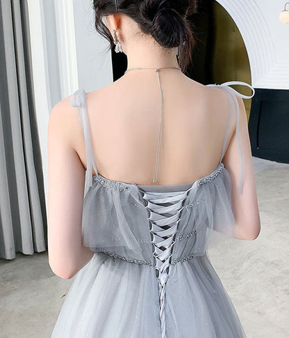 Gray tulle sequins long prom dress party dress  8342