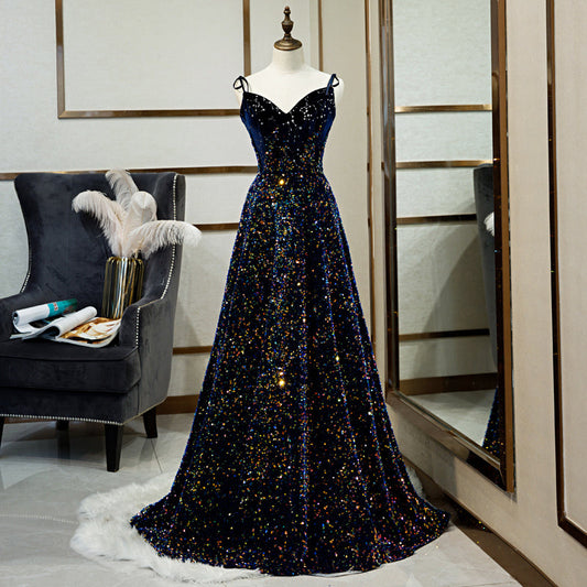 Black Fashion Elegant Shiny Sequin Long Ball Gown Evening Dress Party Dress 8205