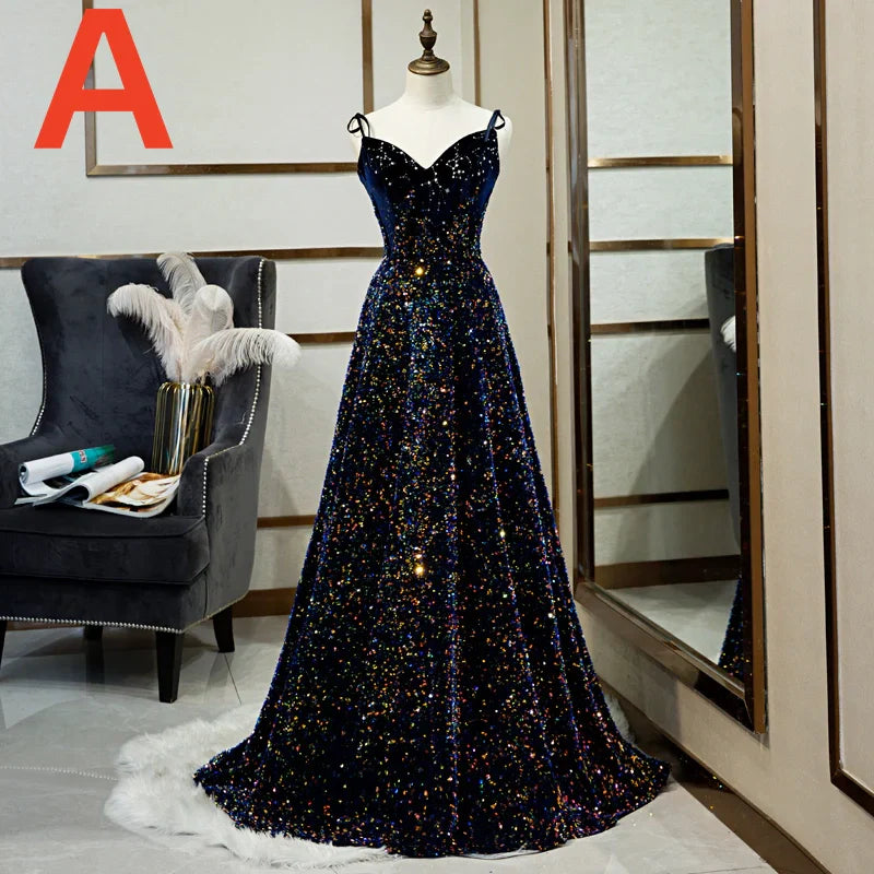Black Fashion Elegant Shiny Sequin Long Ball Gown Evening Dress Party Dress 8205