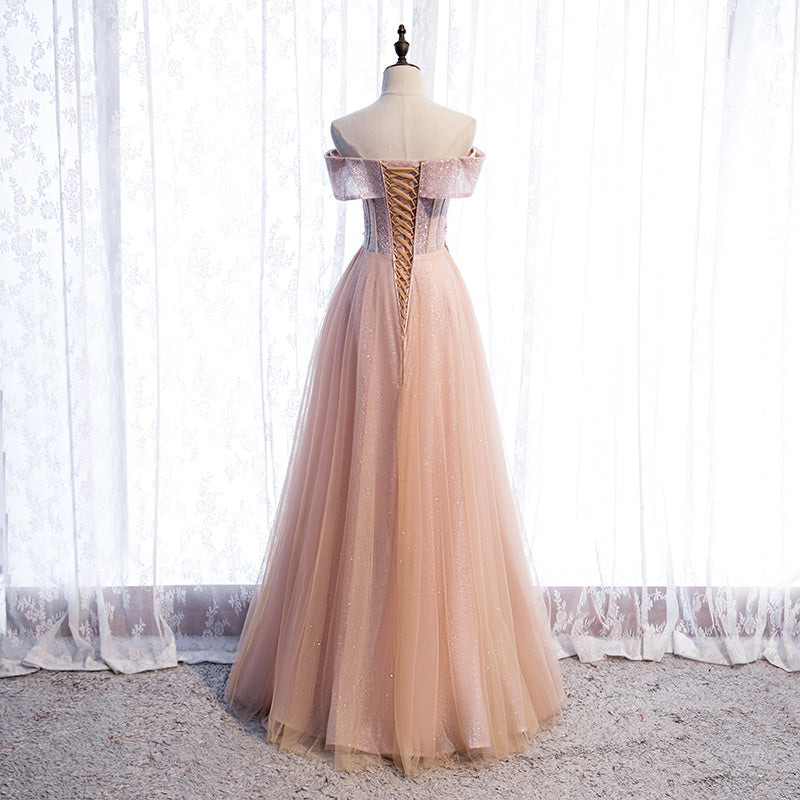 Pink tulle sequins long prom dress formal dress  8318