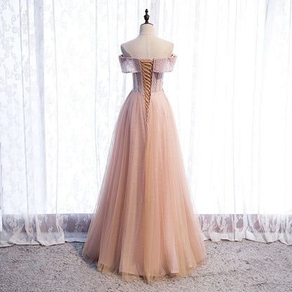 Pink tulle sequins long prom dress formal dress  8318