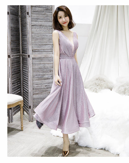Shiny v neck short prom dress blue evening dress  8361