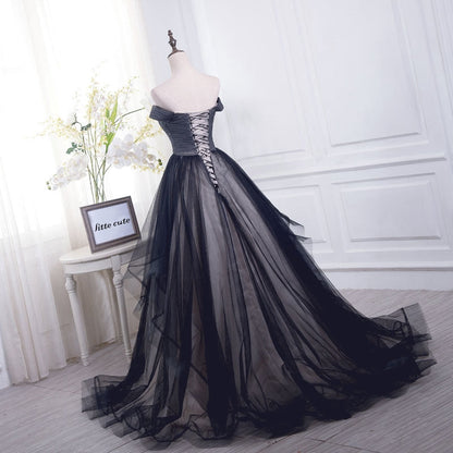 Black tulle off shoulder long prom dress, black evening dress  7899