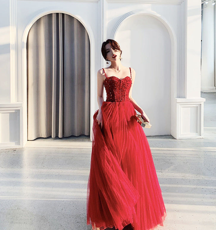 Cute sweetheart neck tulle beads long prom dress, formal dress  7965