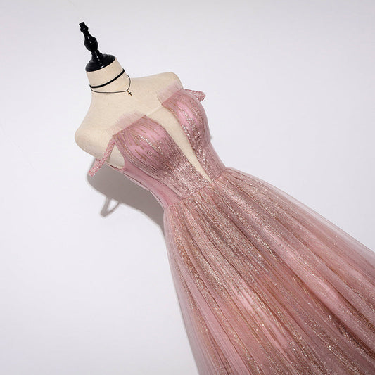 Sparkling pink tulle sequins long prom dress, evening dress  8104