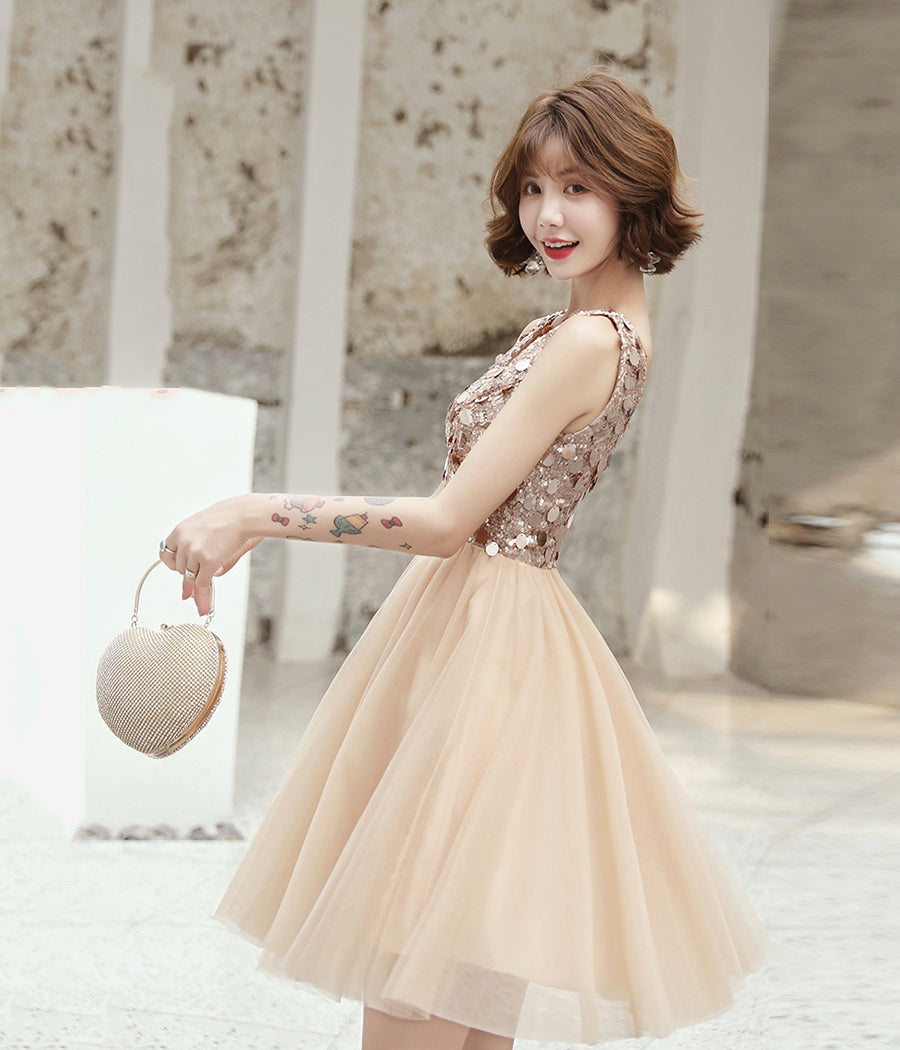 Cute tulle sequins short prom dress party dress  8301