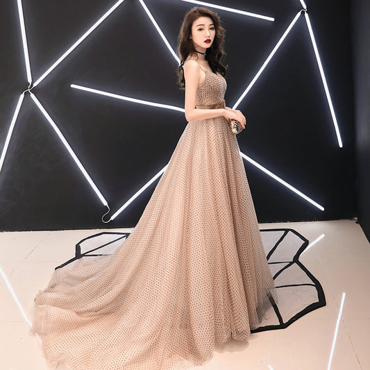 Stylish v neck tulle long prom dress, evening dress  7908