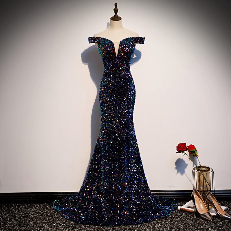 Black Fashion Elegant Shiny Sequin Long Ball Gown Evening Dress Party Dress 8205