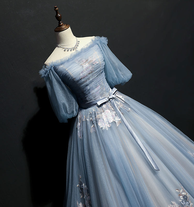 Gray blue tulle lace long prom gown, formal dress  7959