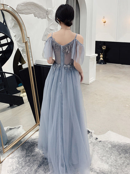 Cute v neck tulle sequins prom dress, gray evening dress  7964