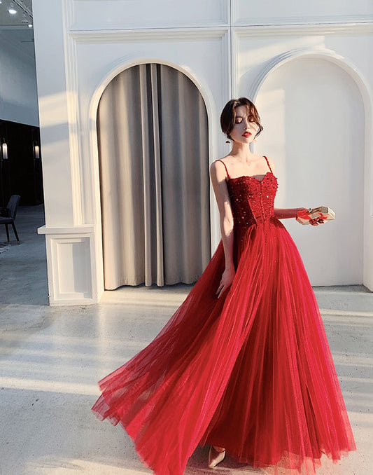 Cute sweetheart neck tulle beads long prom dress, formal dress  7965