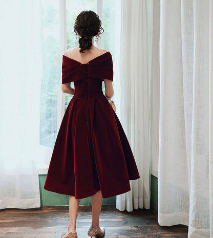 Burgundy velvet short prom dress party dress  8403