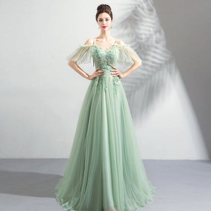 Green tulle lace long prom dress, evening dress  8043