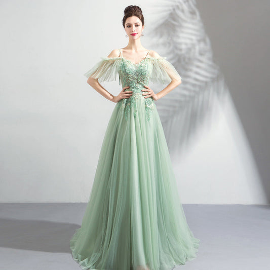 Green tulle lace long prom dress, evening dress  8043