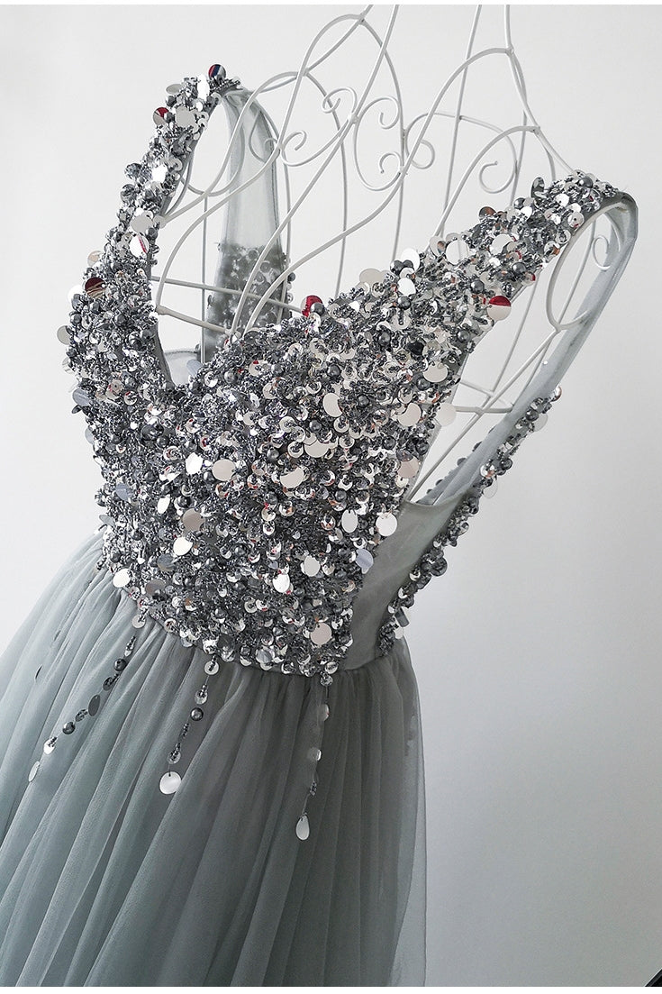 Gray v neck tulle beads long prom dress  8172