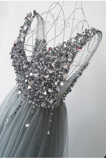Gray v neck tulle beads long prom dress  8172