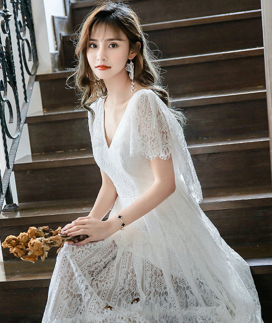 White lace high low prom dress evening dress  8398