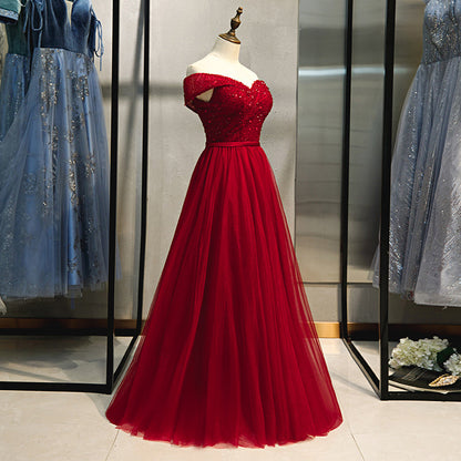Burgundy tulle beads long prom dress, evening dress  8219